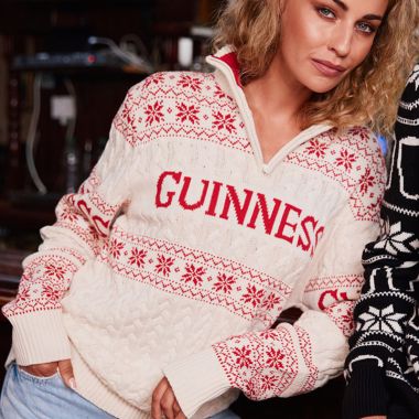 Guinness Christmas Cable Knit 1/4 Zip Top Cream / Red