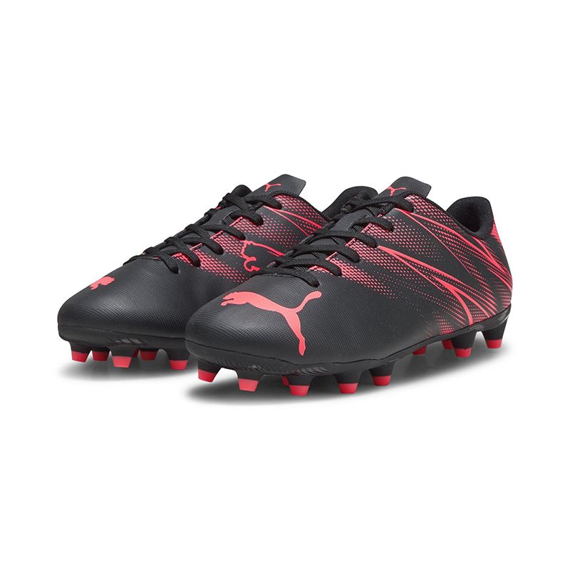 Black and Orchid Puma Kids' Attacanto FG/AG Football Boots featuring a graphic print from o'neills.