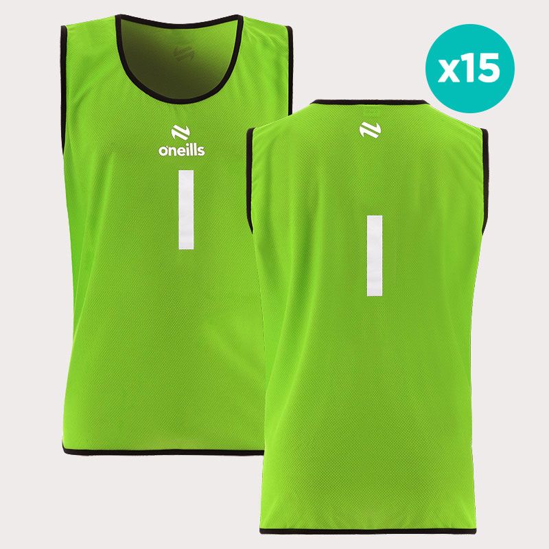 Flo Green O'Neills Flex Single Mesh Numbered Training Bibs 15 Pack, numbered 1-15. 