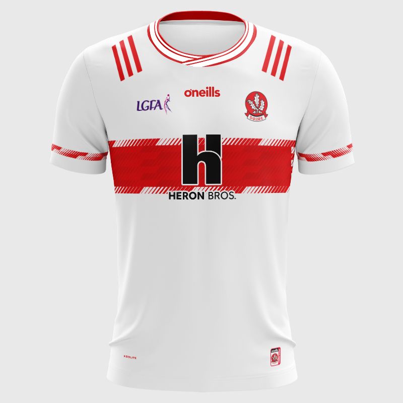 O’Neills White Derry LGFA U14s Home Jersey 2025 with ribbed crewneck by O’Neills. 