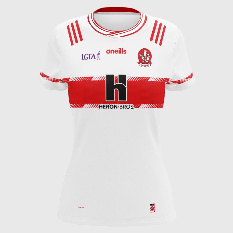 O’Neills White Derry LGFA U14s Home Jersey 2025 with ribbed crewneck by O’Neills. 