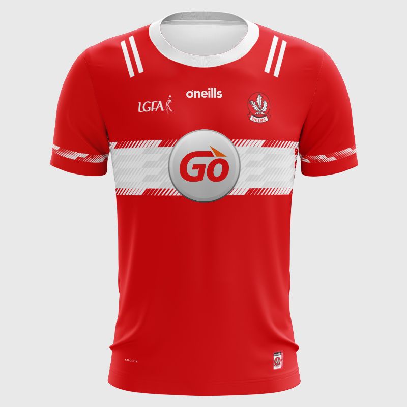 Red Derry LGFA Baby Home Jersey 2025 with Go sponsor logo on the chest by O’Neills.