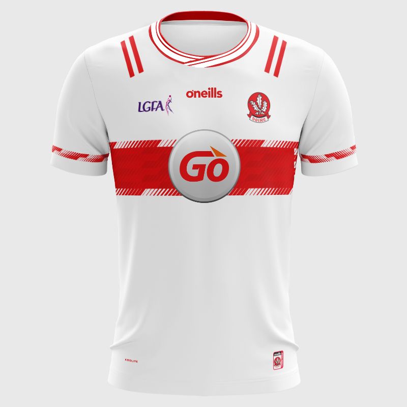 O’Neills White Derry LGFA Men's Goalkeeper Jersey 2025 with ribbed crewneck by O’Neills. 