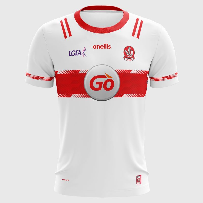 White Derry LGFA Baby Goalkeeper Jersey 2025 with Go sponsor logo on the chest by O’Neills.