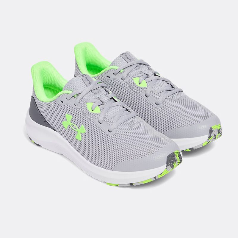 Grey white and green Under Armour Kids' Pursuit 4 Youth Running Shoes from O'Neills