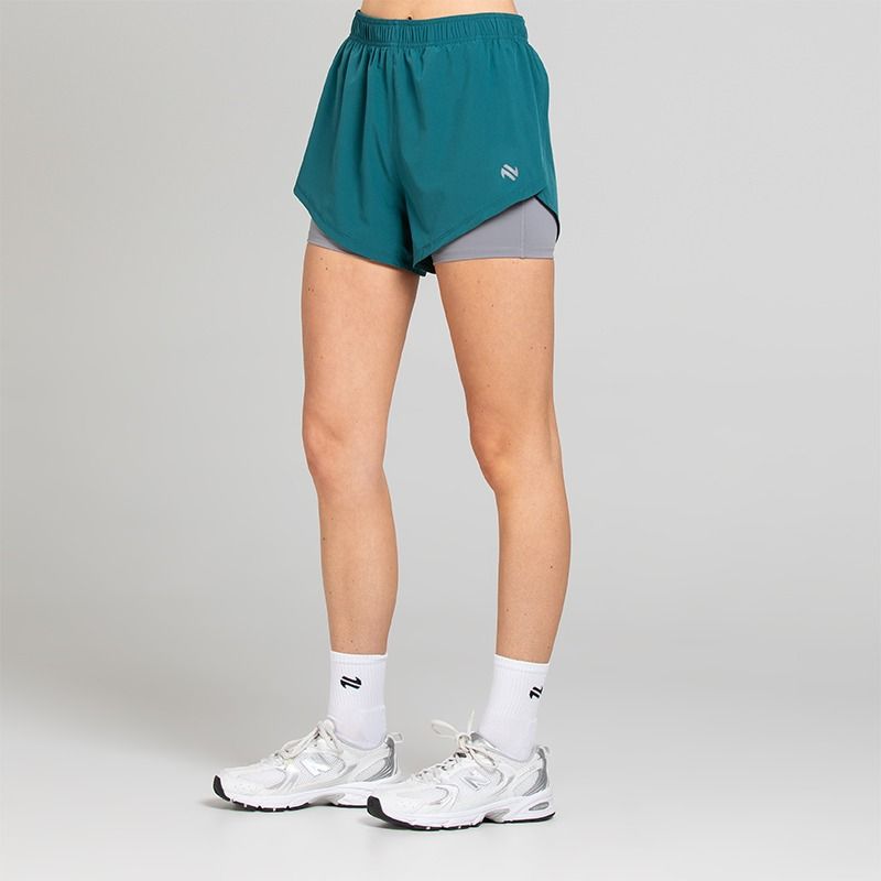 Green / Grey Women's Finesse 2 in 1 Training Shorts from O’Neills with built in undershorts for extra coverage and support.