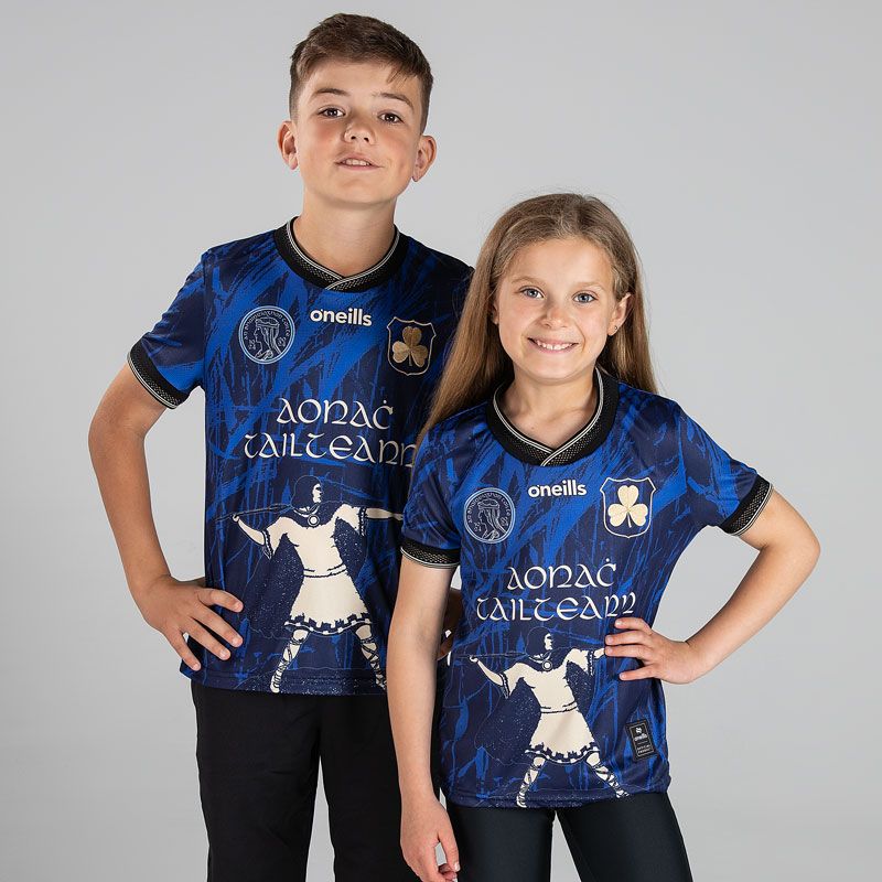 Kids' Tailteann Games Jersey Blue with embroidered shamrock crest and knitted collar by O’Neills.