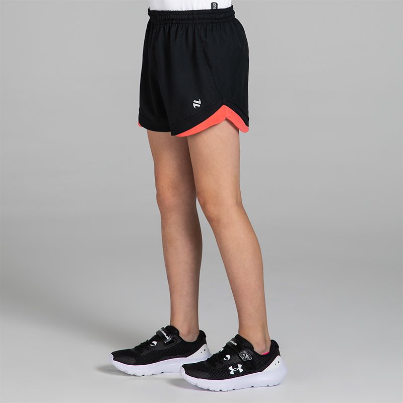 Black and Coral Girls’ Sports Shorts with elasticated waistband by O’Neills.