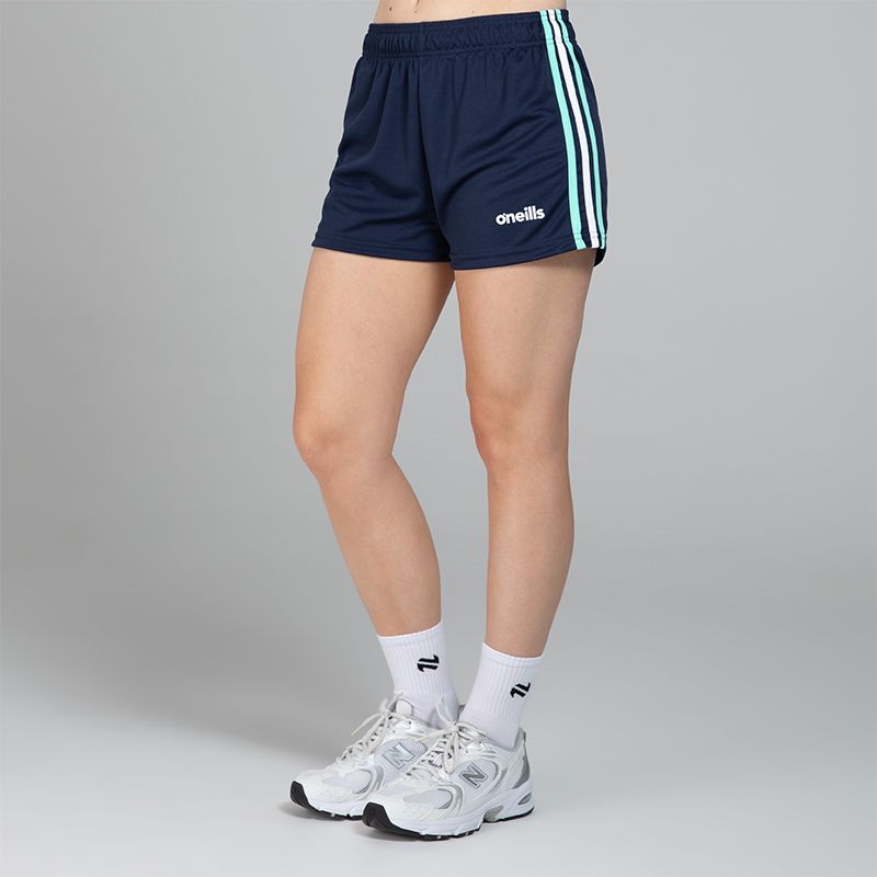Navy women's gym training shorts with mint and white three stripe detail on the sides by O'Neills.