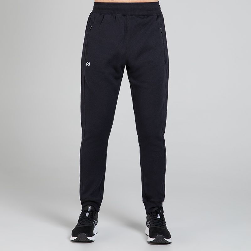 Black Men’s Evolve Fleece Tracksuit Bottoms with cuffed bottoms and two zip pockets by O’Neills.