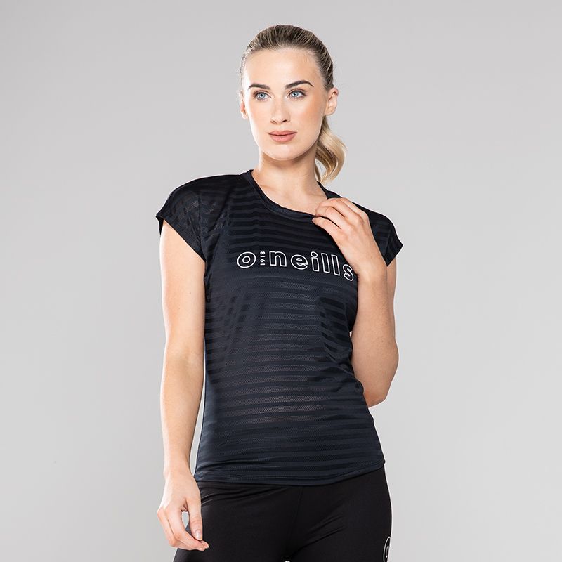 Black Tina women’s t-shirt with see through stripe detail and round neck from O’Neills.