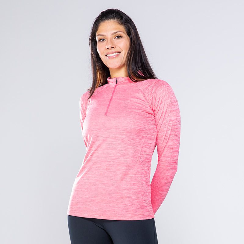 Pink women's half zip midlayer top with shaped waist and reflective logo by O’Neills.