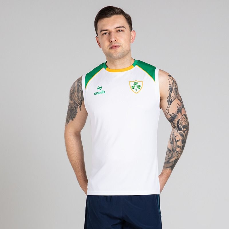 White O’Neills Men’s Keel Sleeveless T-Shirt with Woven Shamrock Crest