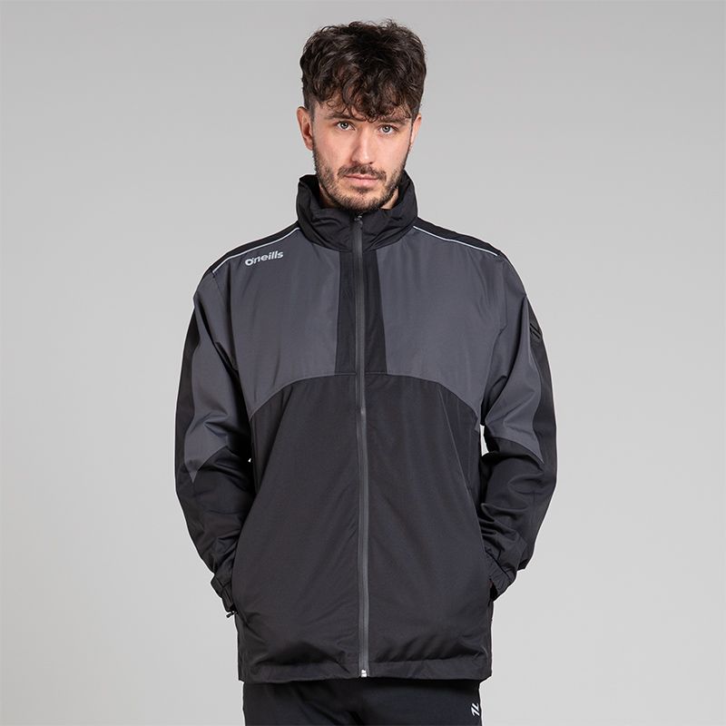 Black O’Neills Men's Altitude Waterproof Rain Jacket with fold away hood.