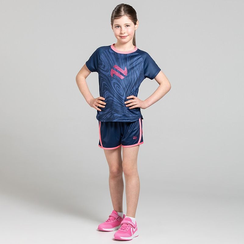 Girls Isla T-Shirt & Shorts set in Marine / Pink. Swirl print t-shirt and short set with glitter logo from O’Neills.