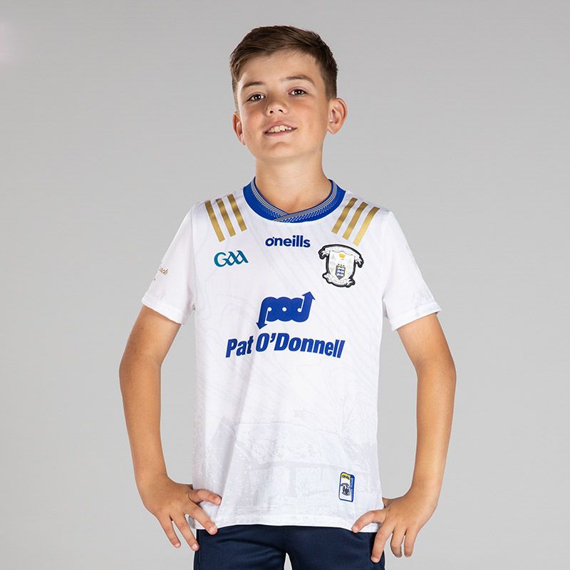 White Kids' Clare GAA Commemoration Jersey with Michael Cusack cottage on the front and image of Michael Cusack on the sleeve by O’Neills.
