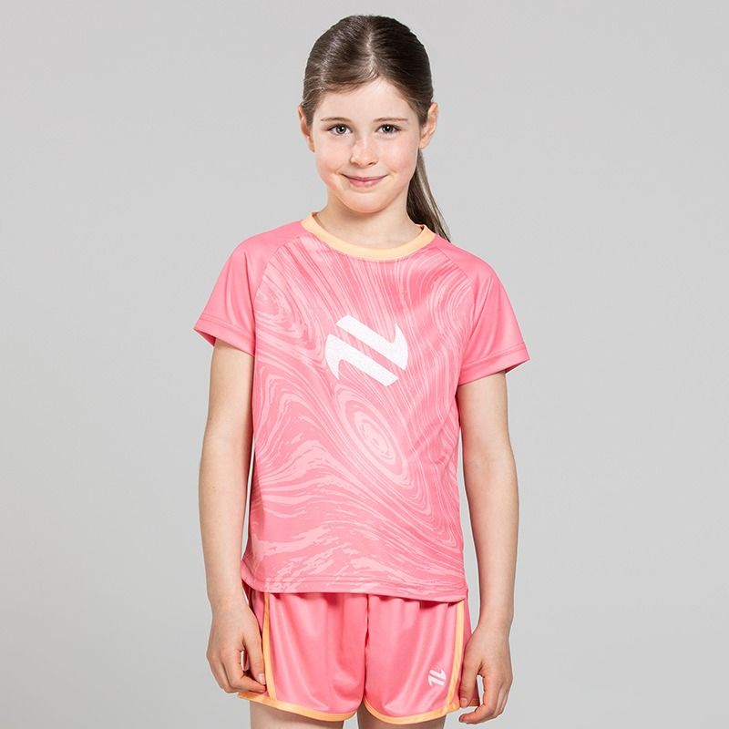 O’Neills Isla T-Shirt Pink featuring a swirl design and glitter logo