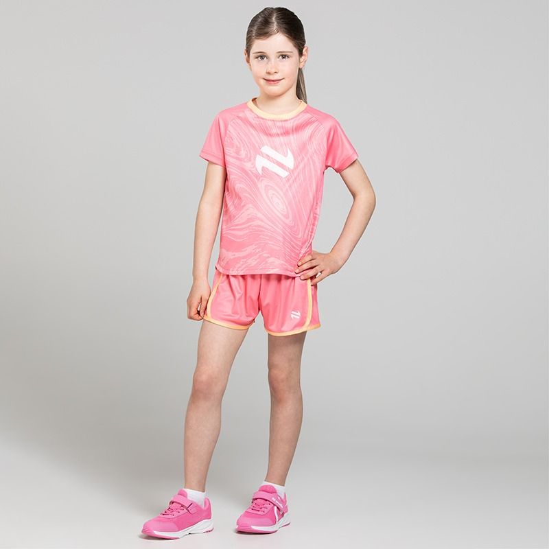 Girls Isla T-Shirt & Shorts set in Pink / Peach. Swirl print t-shirt and short set with glitter logo from O’Neills.