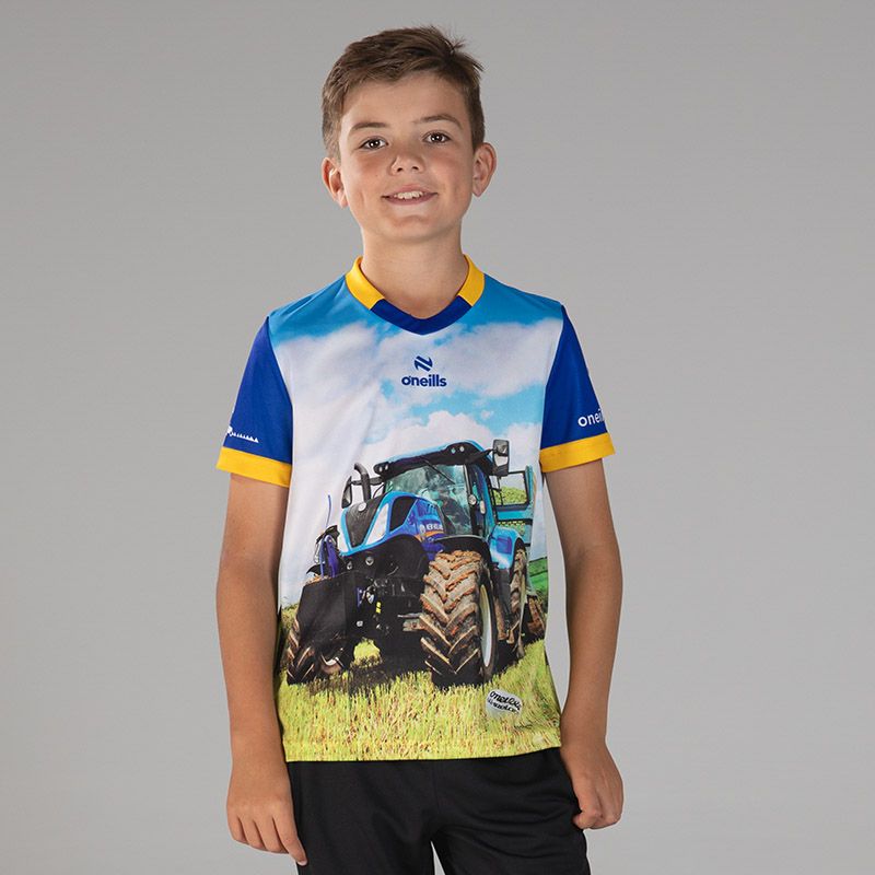Kids’ Better in Blue O’Neills ploughing jersey with image of a large blue tractor and O’Neills ball on the front.