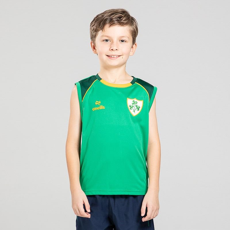 White O’Neills Kids’ Keel Sleeveless T-Shirt with Woven Shamrock Crest