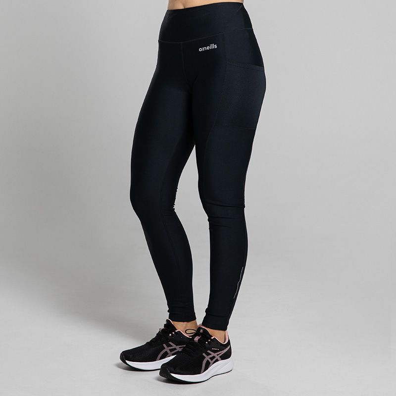 Black women’s full length workout leggings with mesh side pockets by O’Neills.