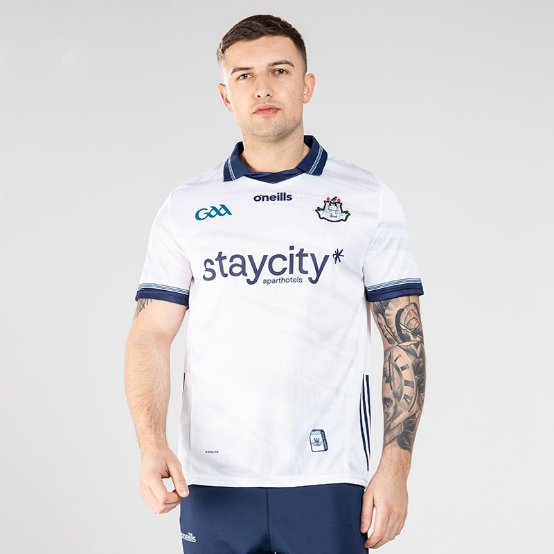 White Dublin GAA Goalkeeper Jersey 2024 with navy knitted collar by O’Neills.