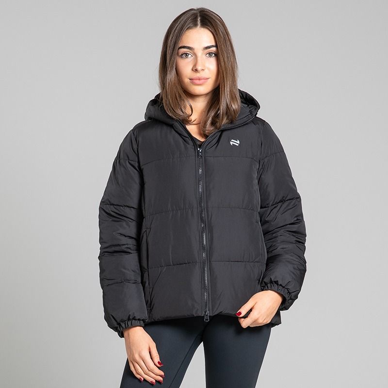 O’Neills Cascade Women’s Hooded Padded Jacket Black with quilted panels and full zip front.