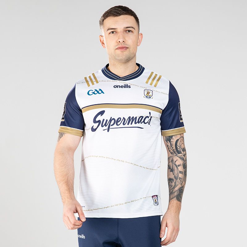 White, Navy and Gold Galway GAA Commemoration Goalkeeper Jersey Player Fit with 1923/24 in gold on the back by O’Neills.