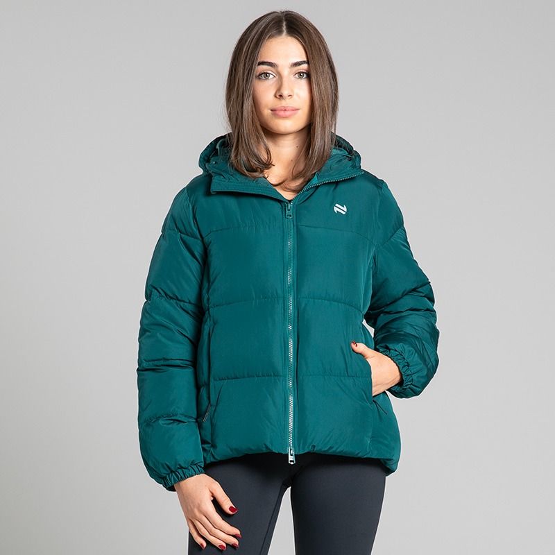 O’Neills Cascade Women’s Hooded Padded Jacket Green with quilted panels and full zip front.