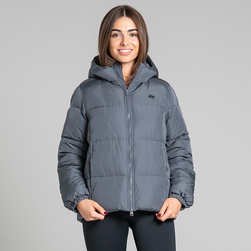 O’Neills Cascade Women’s Hooded Padded Jacket Grey with quilted panels and full zip front.