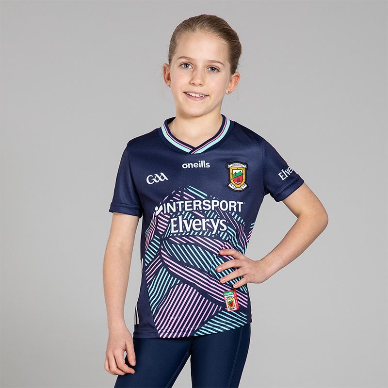 O’Neills Navy Mayo GAA Kids' Alternative Jersey 2025 with ribbed crewneck by O’Neills.