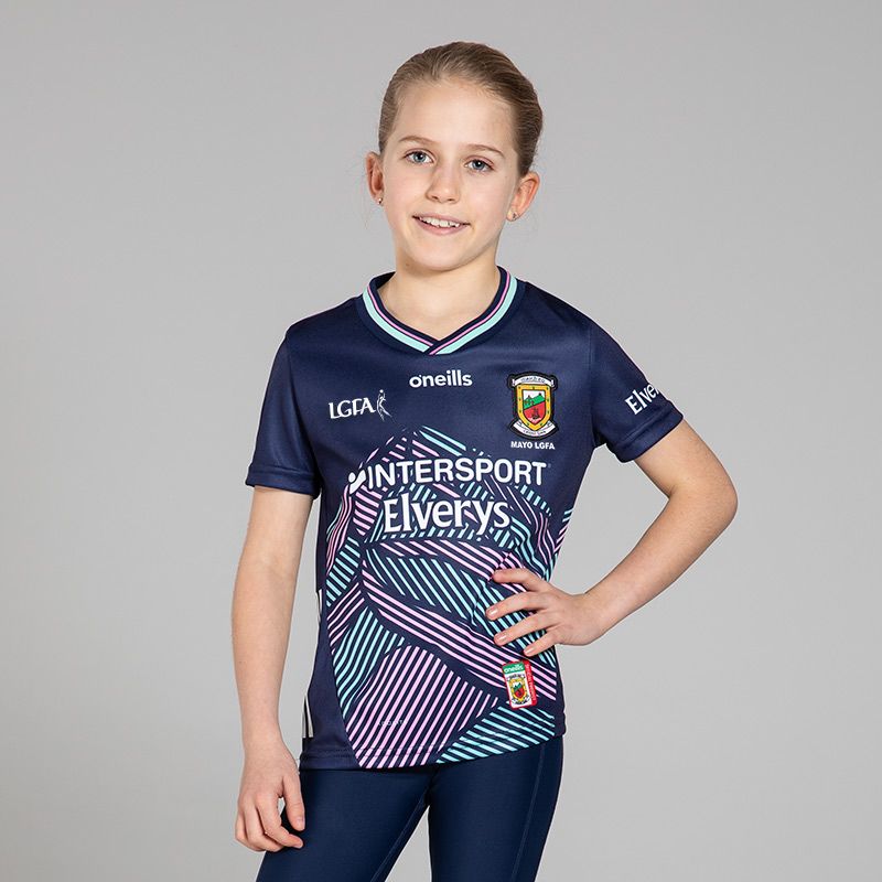 O’Neills Navy Mayo LGFA Kids' Alternative Jersey 2025 with ribbed crewneck by O’Neills.