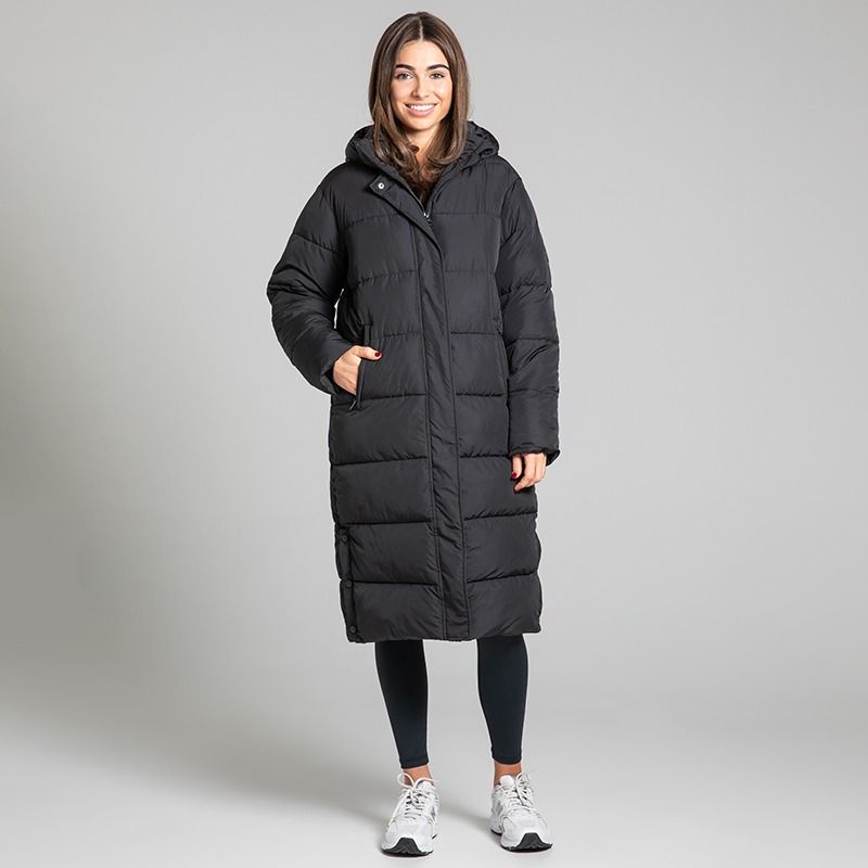O’Neills Women’s Solace Longline Hooded Jacket Black with quilted padded panels and an adjustable hood.
