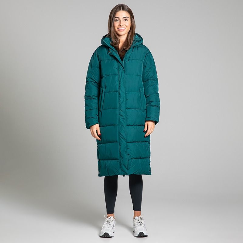 O’Neills Women’s Solace Longline Hooded Jacket Green with quilted padded panels and an adjustable hood.