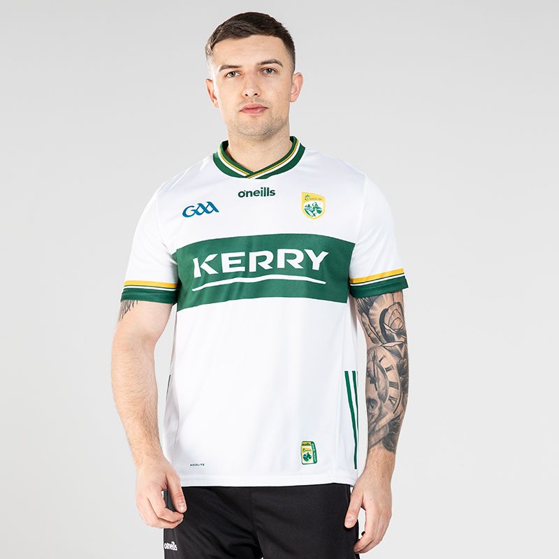 White Kerry GAA Goalkeeper Jersey 2024 with ribbed crew neck collar by O’Neills.