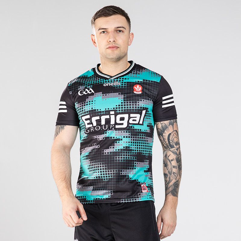Black and Teal Derry GAA Goalkeeper Jersey 2024 Player Fit with Errigal Group sponsor logo on the chest by O’Neills.