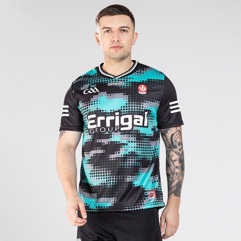 Black and Teal Derry GAA Goalkeeper Jersey 2024 with Errigal Group sponsor logo on the chest by O’Neills.