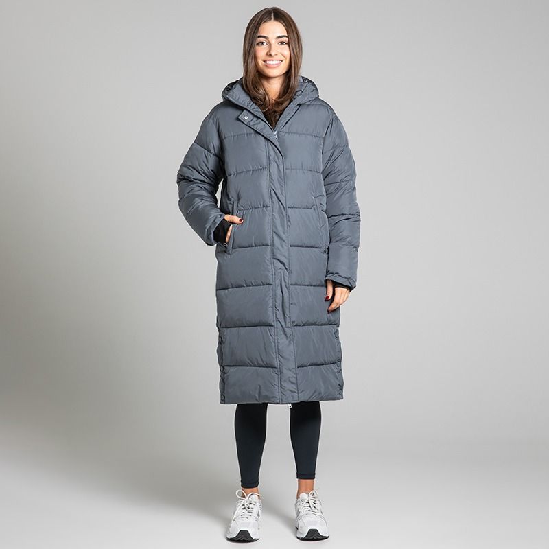 O’Neills Women’s Solace Longline Hooded Jacket Grey with quilted padded panels and an adjustable hood.
