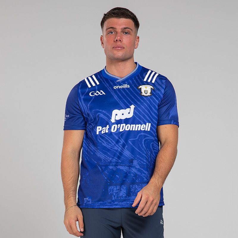 Royal Blue Clare GAA Commemoration Jersey with Michael Cusack cottage on the front and image of Michael Cusack on the sleeve by O’Neills.