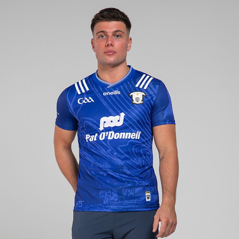Royal Blue Clare GAA Commemoration Jersey Player Fit with Michael Cusack cottage on the front and image of Michael Cusack on the sleeve by O’Neills.