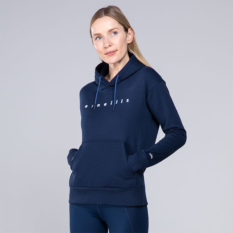 Navy Women’s Fleece Pullover Hoodie with kangroo pocket and embroidered O’Neills branding on the chest.