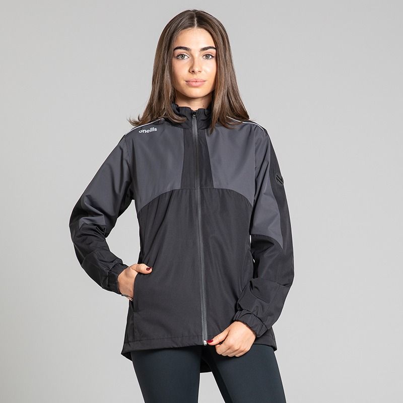 Black O’Neills Women's Altitude Waterproof Rain Jacket with fold away hood.