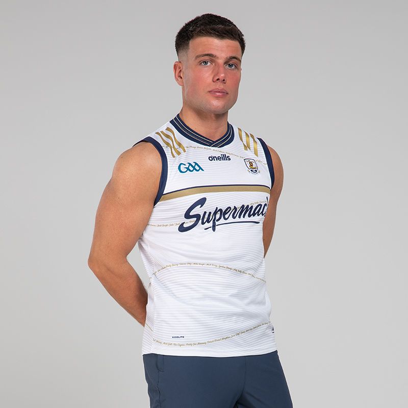 White Galway GAA Commemoration Goalkeeper Vest 2024 with ribbed crewneck by O’Neills.
