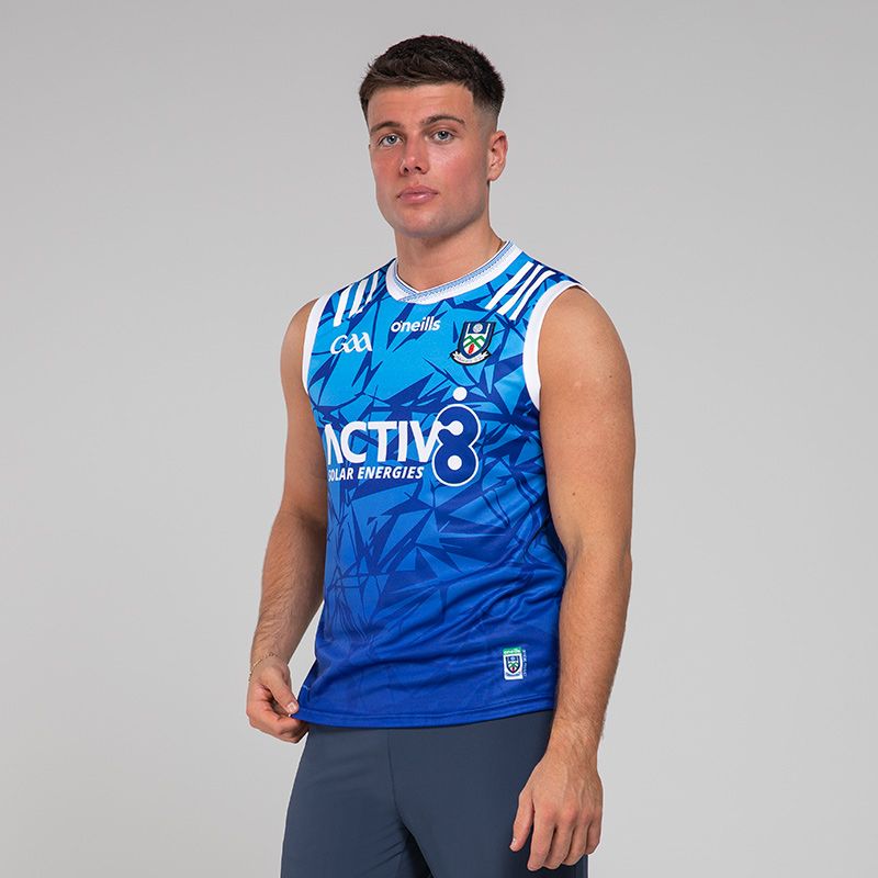 Blue Monaghan GAA Alternative Vest 2024 with ribbed crewneck by O’Neills.