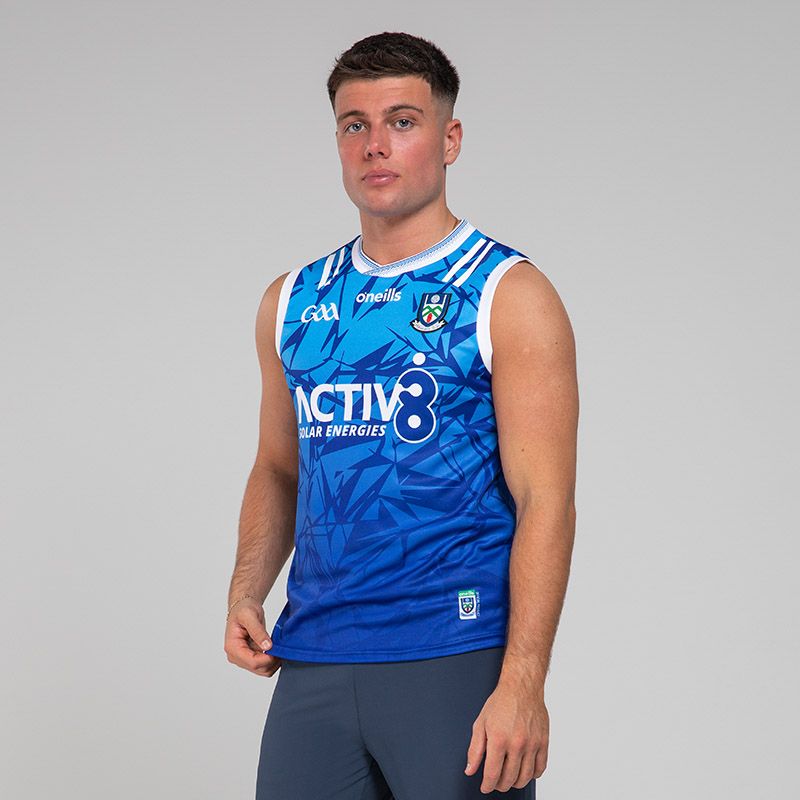 Blue Monaghan GAA Alternative Vest 2024 with ribbed crewneck by O’Neills.