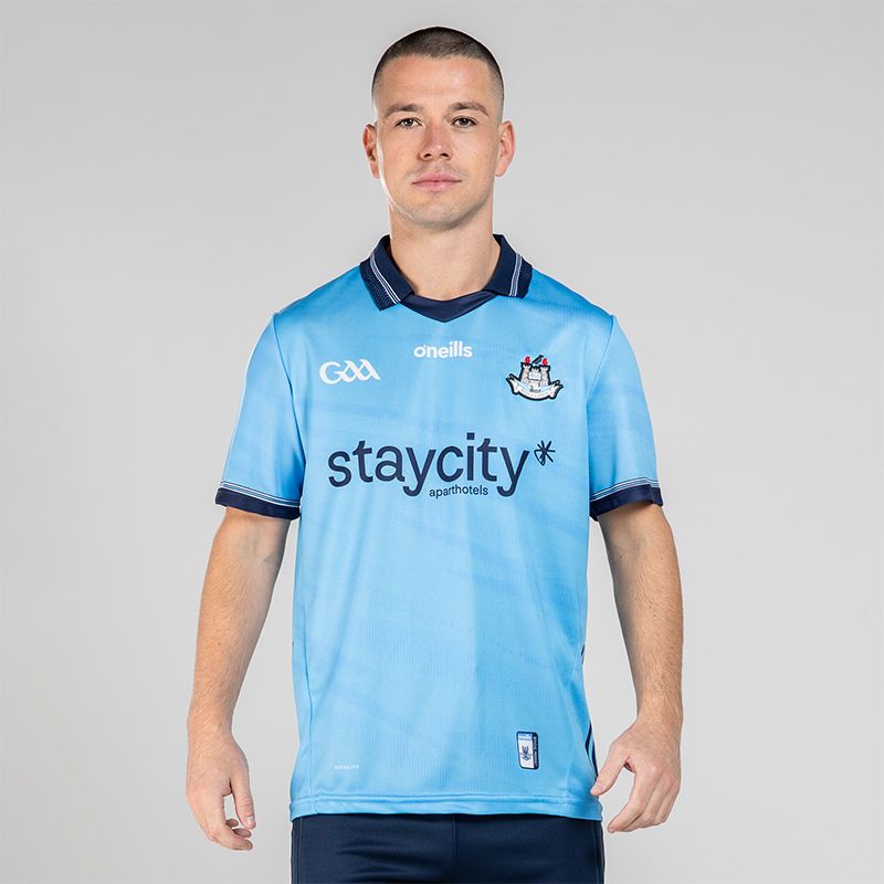 Sky Men's Dublin GAA Home Jersey 2024 with navy knitted collar by O’Neills.