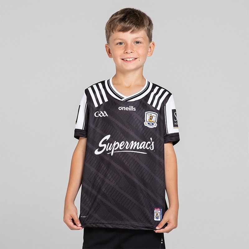 O’Neills Black Galway GAA Kids' Goalkeeper Jersey 2025 with ribbed crewneck by O’Neills.