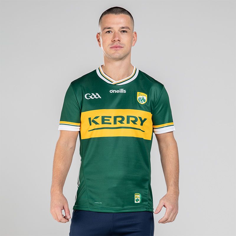 Green Kerry GAA Home Jersey 2024 with ribbed crew neck collar by O’Neills.