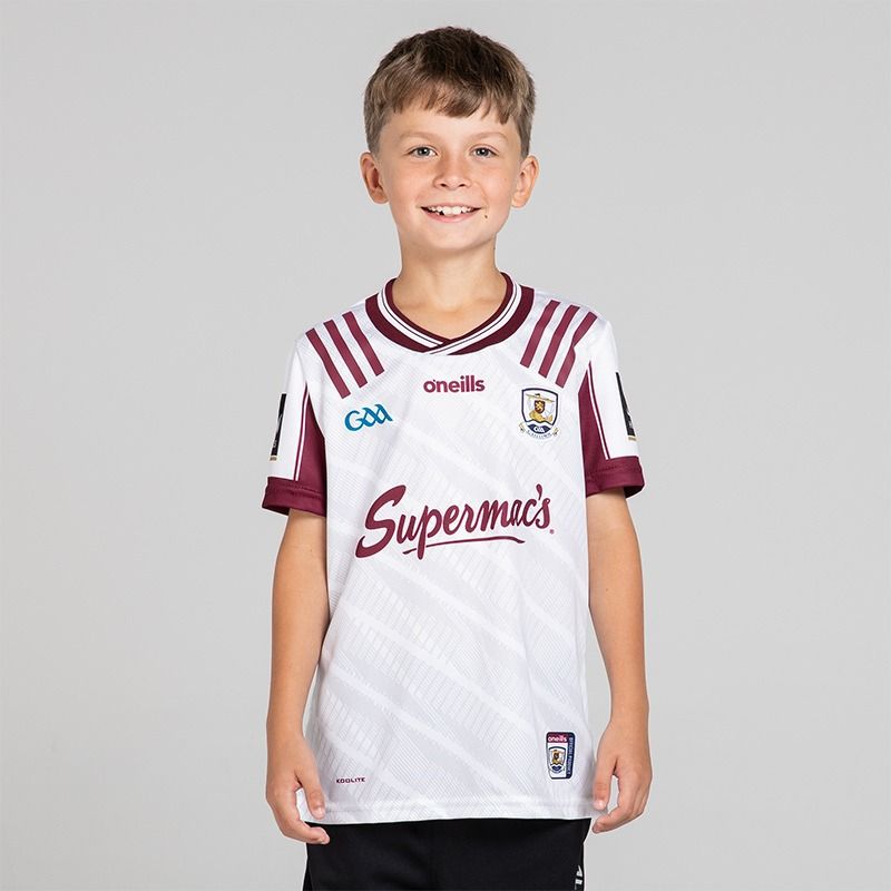 O’Neills White Galway GAA Kids' Goalkeeper Jersey 2025 with ribbed crewneck by O’Neills.