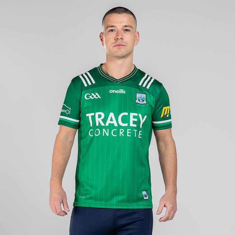 Green Fermanagh GAA Home Jersey 2024 with pinstripe design and Tracey concrete sponor logo on the chest by O’Neills.